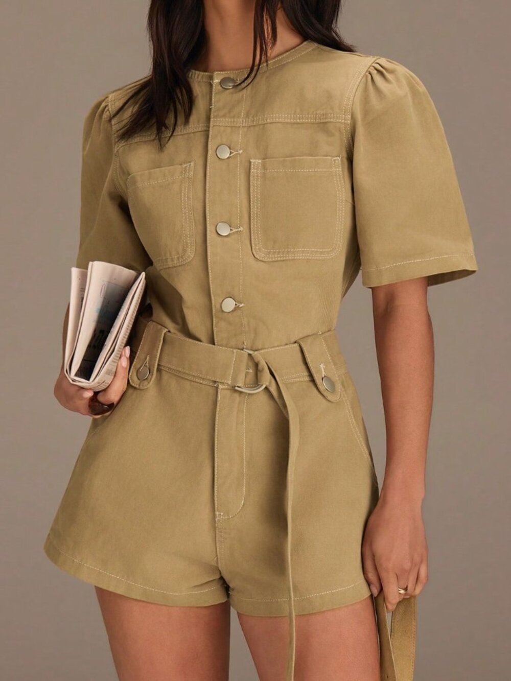 Khaki Casual Women's Short Sleeve Button-Up Denim Jumpsuit